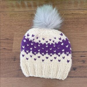 Cozy Cream and Purple Kids Pom-Pom Beanie